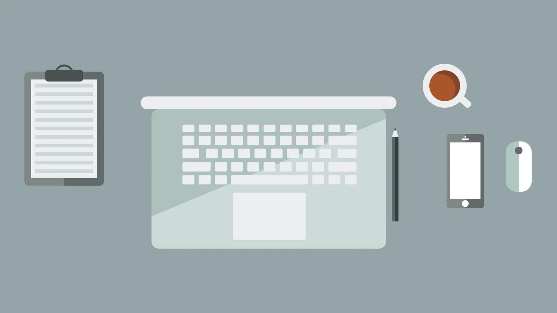 A minimalist vector illustration of a modern laptop workspace with a smartphone, mouse, notebook, and coffee cup on a clean grey desk.
