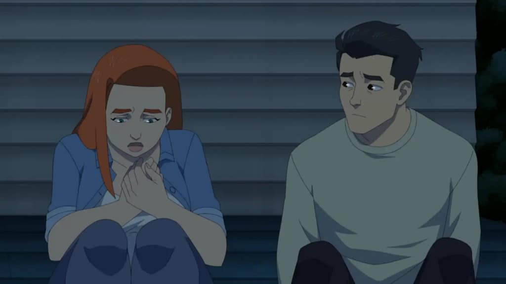 Mark Grayson and Atom Eve in a somber conversation, highlighting their individual emotional battles and the weight of their shared trauma in the Season 4 finale.