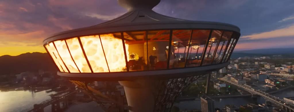 The Sky View tower collapsing in flames in Final Destination Bloodlines 1969 flashback scene.
