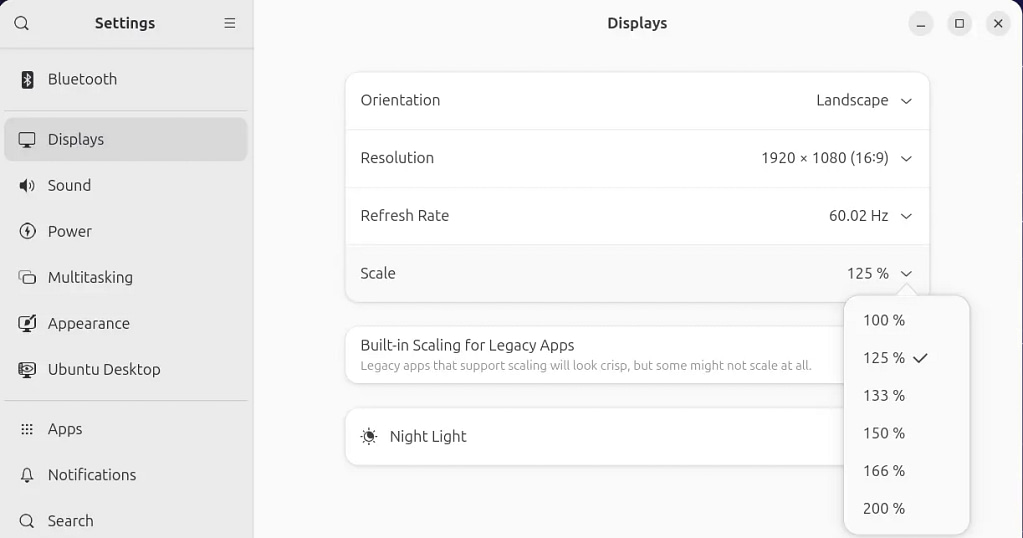 Ubuntu 26.04 display settings showing fractional scaling at 125 percent.