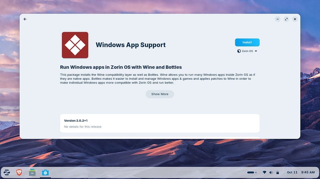 Zorin OS screenshot from DistroWatch.com showing the Windows App Support notification that pops up when you try to run a Windows file on it.