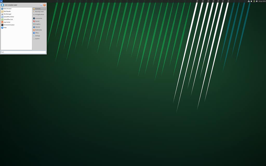 Xubuntu screenshot from DistroWatch showing the XFCE top panel and menu, as it appears for a live session user.