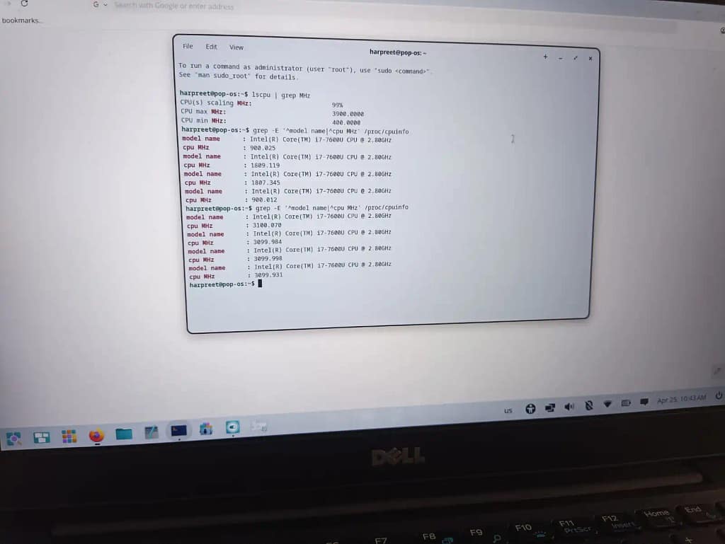 Terminal showing CPU speeds reaching 3100MHz after a BIOS factory reset on Pop!_OS.