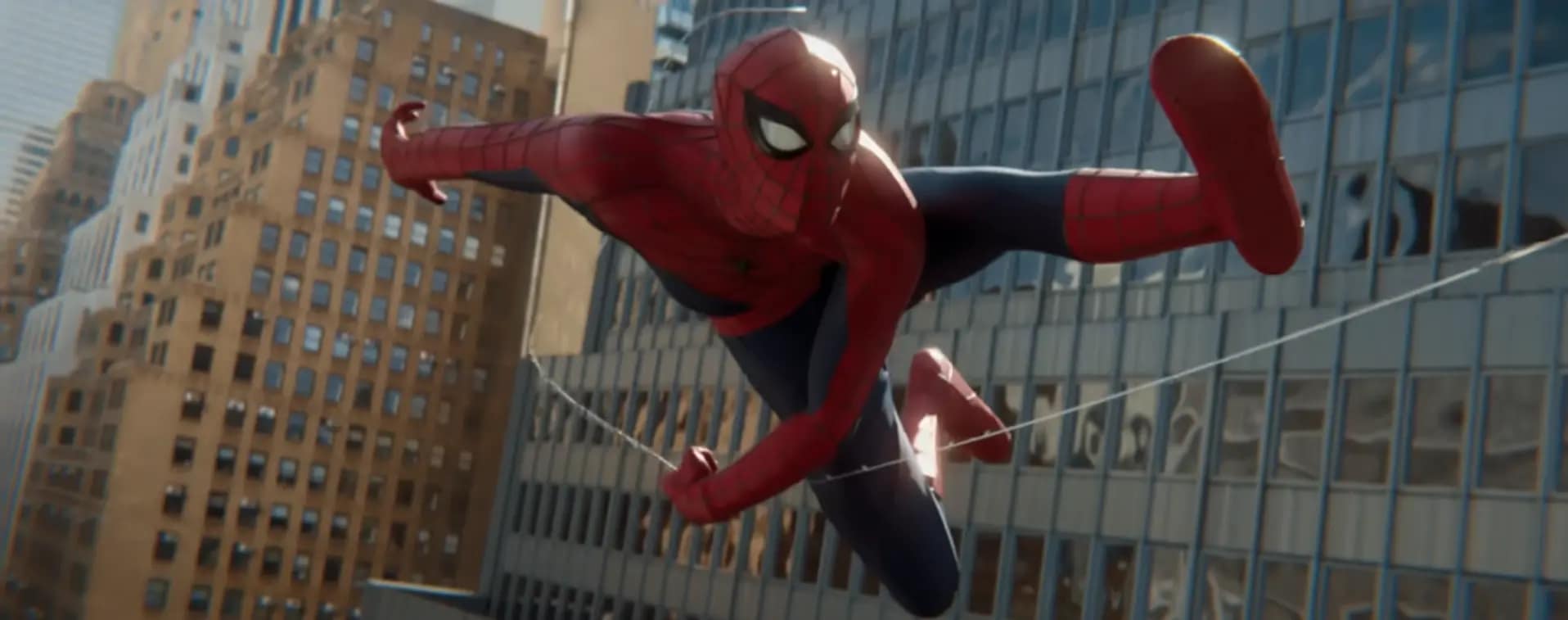 Spider-Man swinging through the city skyscrapers in a cinematic frame from the 2023 independent film, Spider-Man: Lotus.