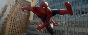 Spider-Man swinging through the city skyscrapers in a cinematic frame from the 2023 independent film, Spider-Man: Lotus.